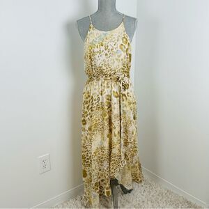 Mystree Asymmetric Hi-Low Leopard Print Dress SZ L Gold Cream Lined Belted Party